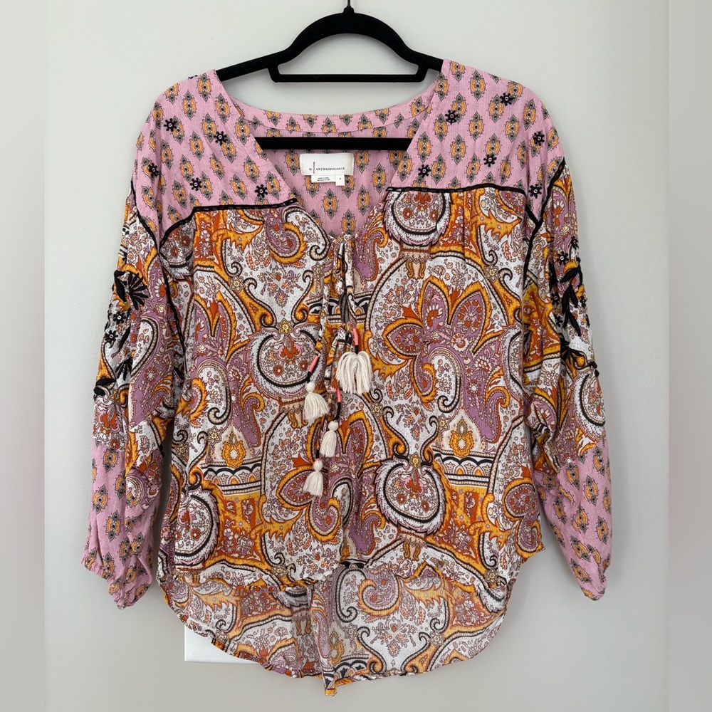 Anthropologie Pink Paisley Top with embroidery